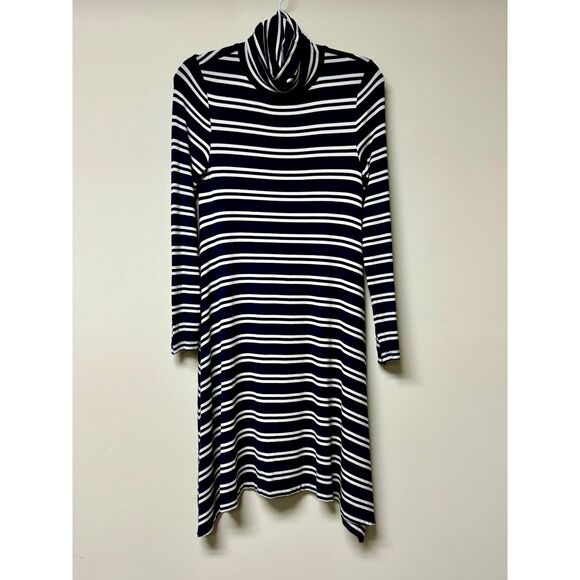 ANTHROPOLOGIE MAEVE Navy/White Striped Jersey Turtleneck Handkerchief Hem - Picture 3 of 12